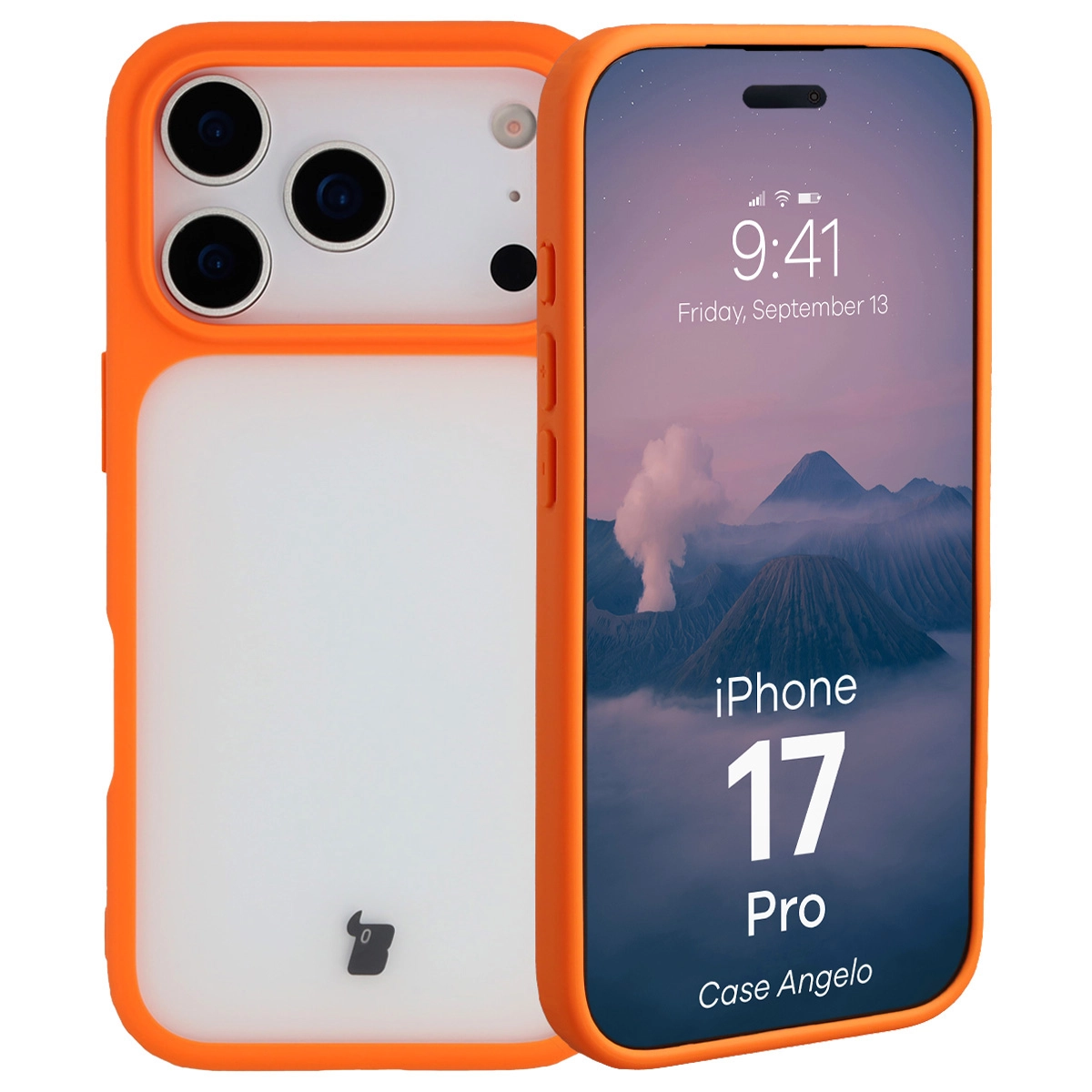Etui Bizon Angelo do Apple iPhone 17 Pro z pomarańczową ramką