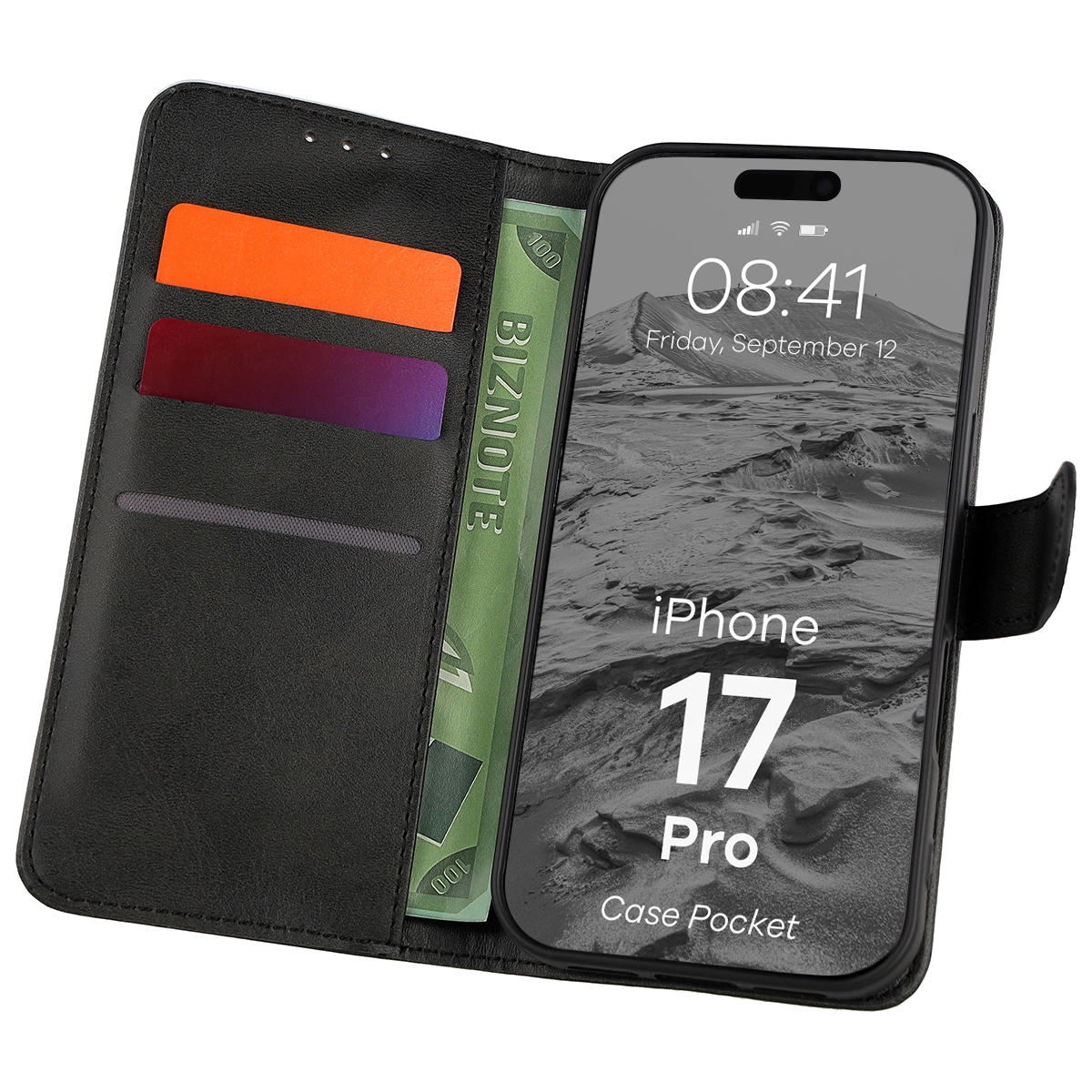 Etui Bizon z klapką Pocket do Apple iPhone 17 Pro Czarny