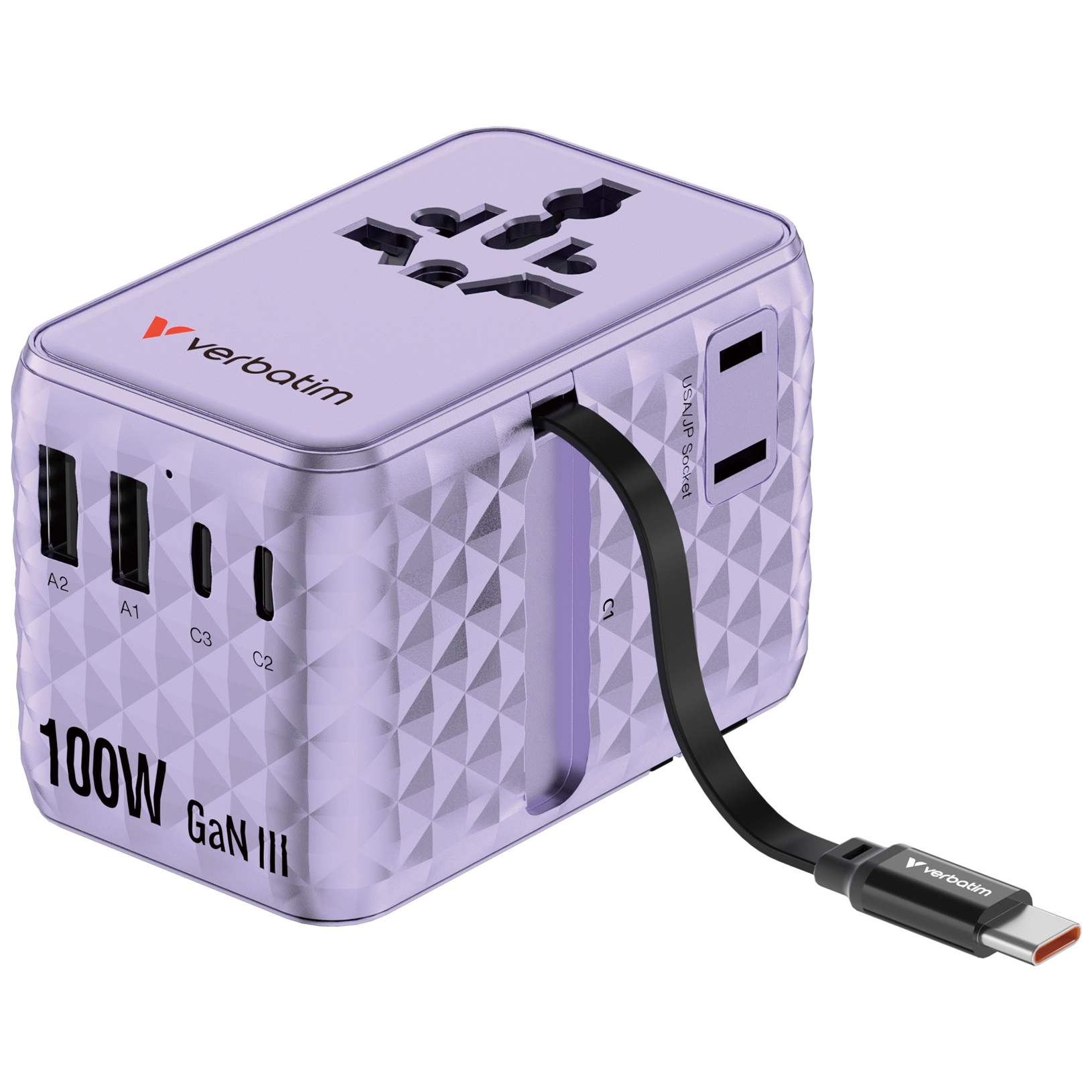Adapter podróżny Verbatim 30193 100W 1x kabel USB-C PD3.0 QC4+ Purple