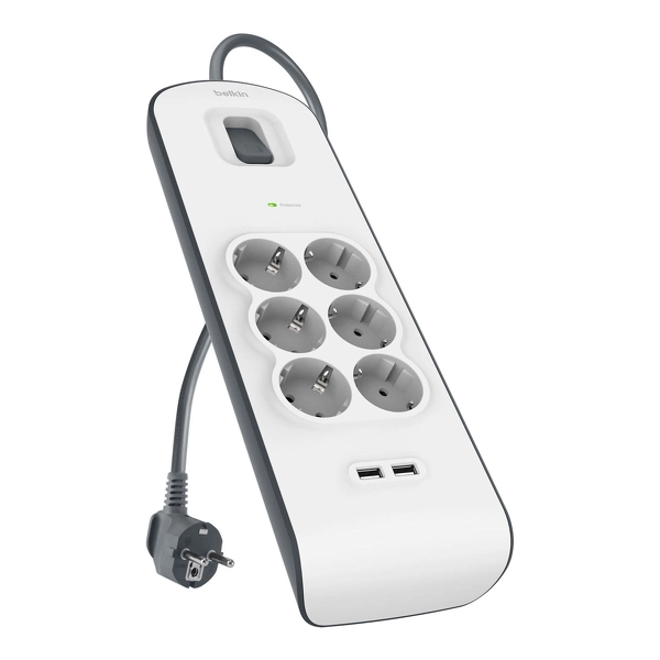 Listwa Belkin BSV604VF2M-V2 6 gniazd 2x USB-A, 2m Biało-czarny