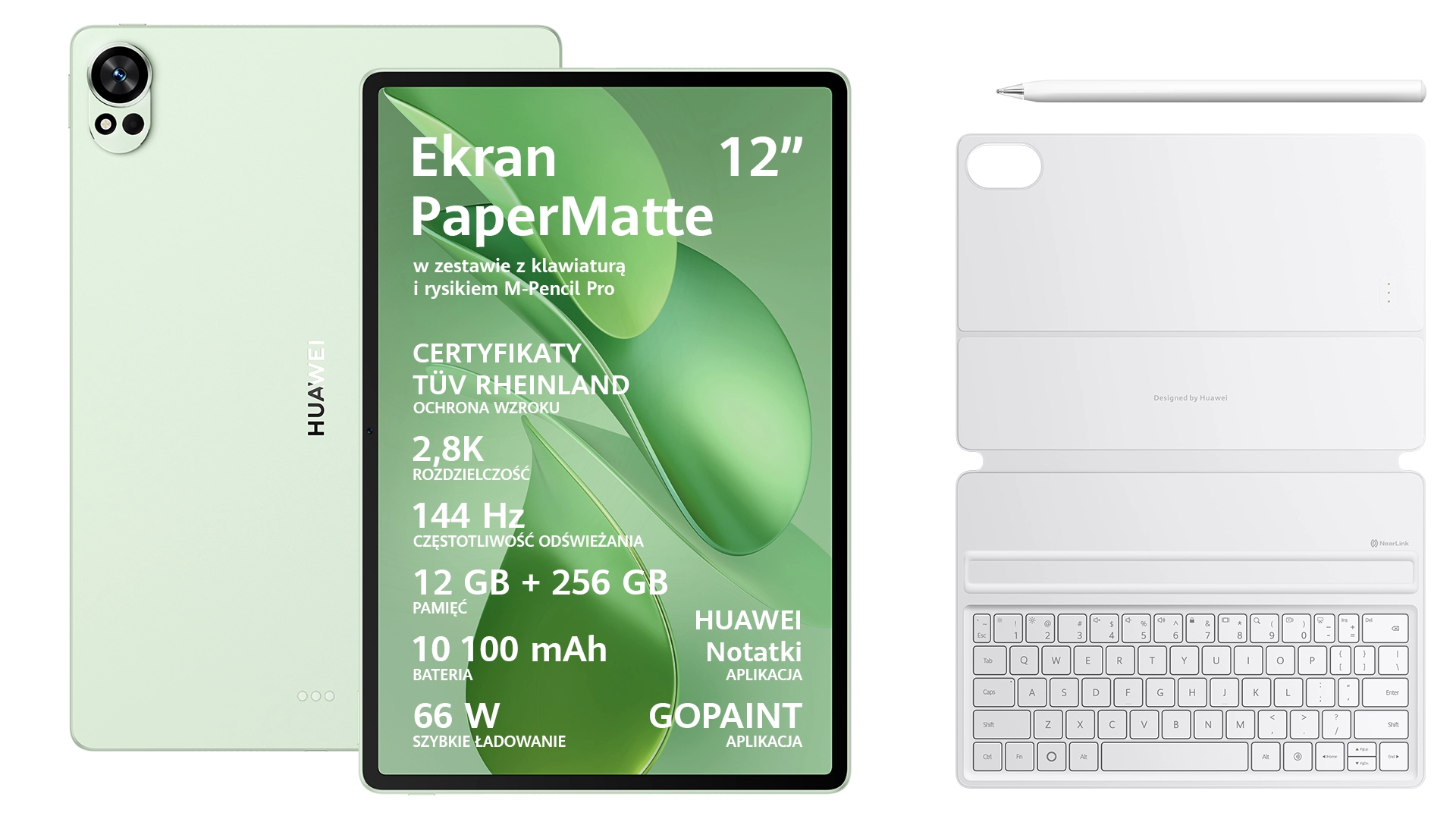 Tablet Huawei MatePad PaperMatte Edition 12X 2025 12" 12/256GB Wi-Fi Zielony + Rysik M-Pencil Pro + klawiatura Biały