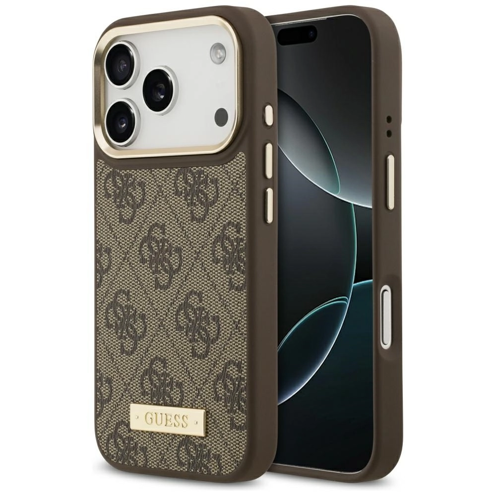 Etui Guess 4G Logo Plate MagSafe do iPhone 17 Pro brązowy