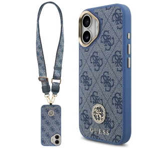 Etui Guess 4G Strass Logo & Big Strap Metal Buttons MagSafe do iPhone 17 niebieski