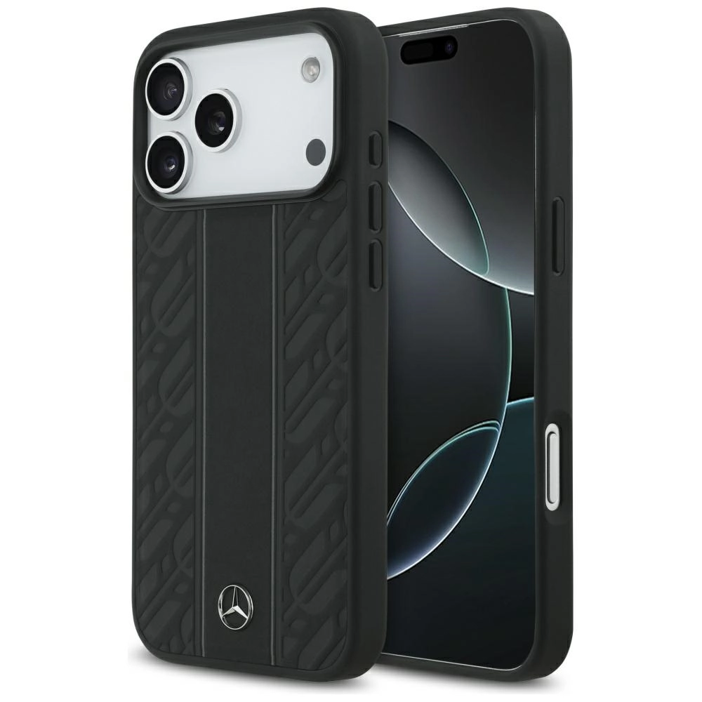 Etui Mercedes-Benz Leather Laurel Leaves Stripes MagSafe do iPhone 17 Pro Max czarny