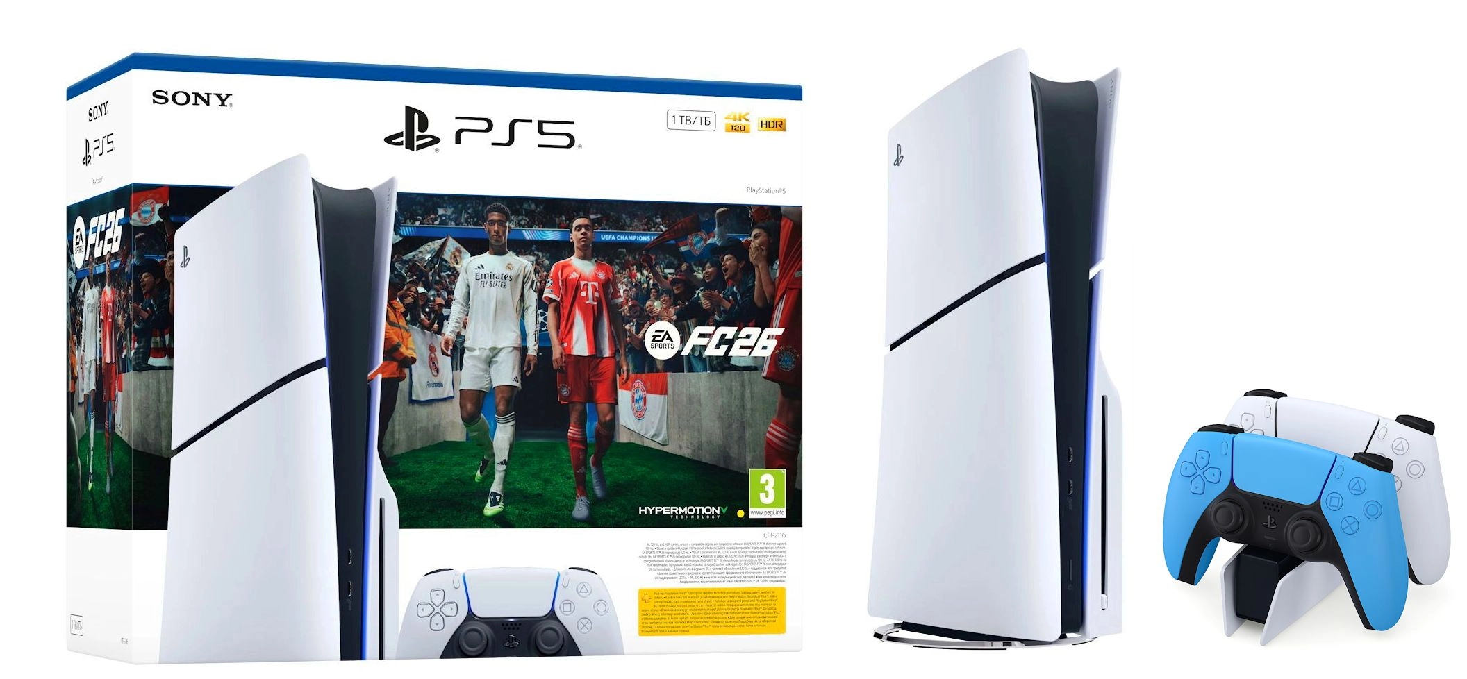 Konsola Sony PlayStation 5 Slim E Chassis (PS5) 1TB z napędem EA SPORTS FC 26 + Dodatkowy Pad Gwiezdny błękit + Stacja Ładowania