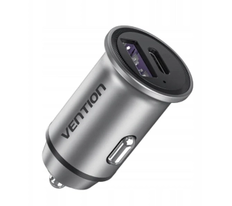 Ładowarka samochodowa Vention 12-24V USB-A USB-C 30W PD Szary