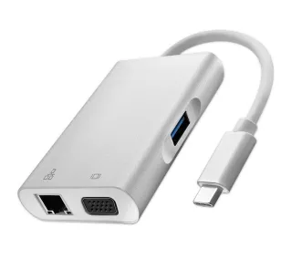 Qoltec 50410 Adapter USB-C 3.1 4w1 USB 3.0 VGA RJ45 USB-C PD 92W Srebrny