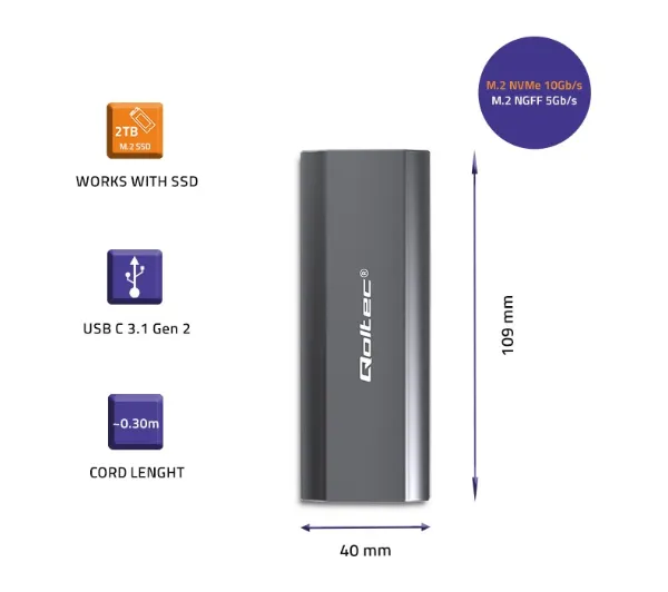 Qoltec 52271 M.2 SSD SATA NVMe USB-C Szary