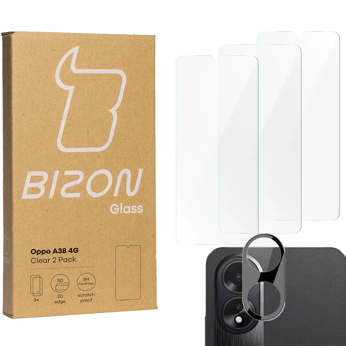 Zestaw ochronny Bizon 3x Szkło hartowane + szybka na aparat Clear 2 Pack do OPPO A38 4G