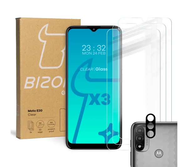 Bizon 3x Szkło hartowane + szybka na aparat Glass Clear Pack do Motorola Moto E20