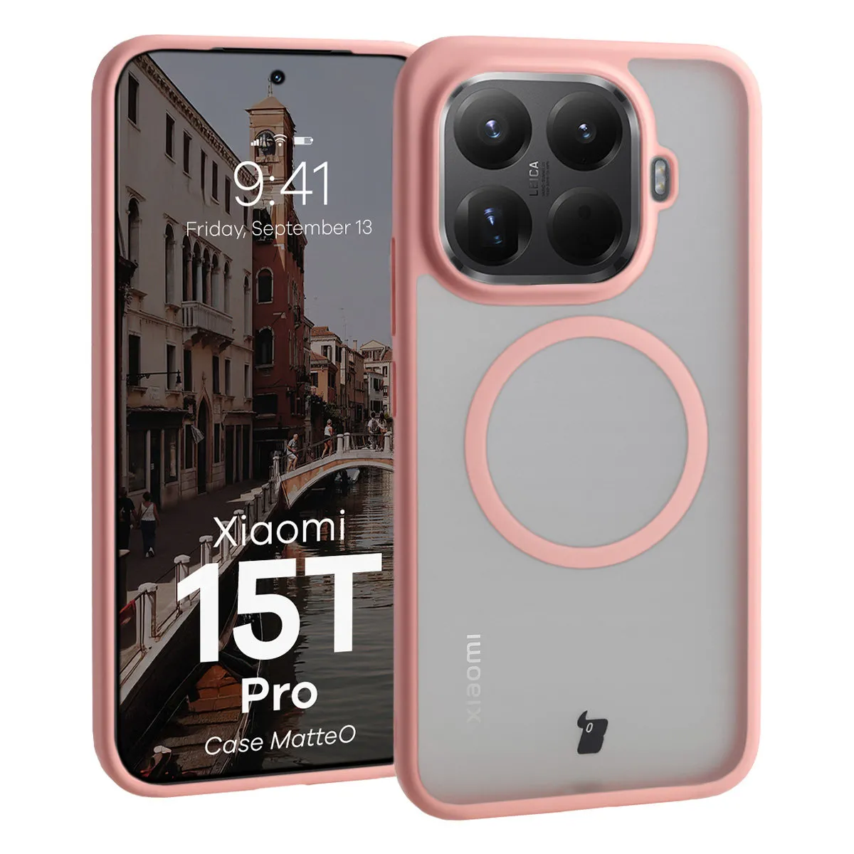 Etui Bizon MatteO do Xiaomi 15T Pro Półprzezroczyste z różową ramką