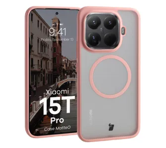 Etui Bizon MatteO do Xiaomi 15T Pro Półprzezroczyste z różową ramką