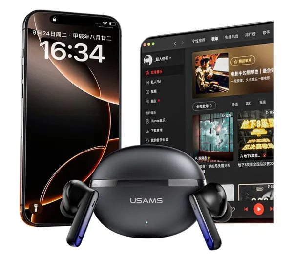 USAMS Echo E02 TWS ANC+ENC Dokanałowe Bluetooth 5.3 Czarny