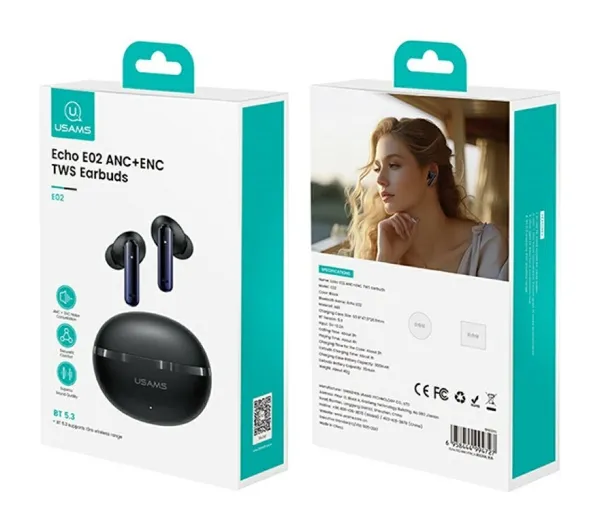 USAMS Echo E02 TWS ANC+ENC Dokanałowe Bluetooth 5.3 Czarny