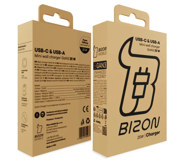 Bizon VT-25B GaN3 USB-C USB-A PD QC4.0 25W Biały