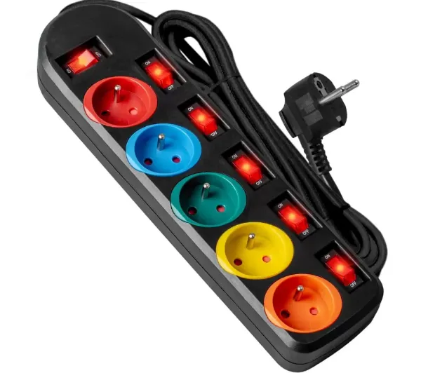 Przedłużacz 2M 5GN+0 10A czarny / kolorowe gniazda VA0259 Vayox