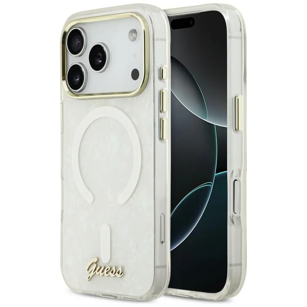 Etui Guess IML Shell Script Metal MagSafe do iPhone 17 Pro Max Biały