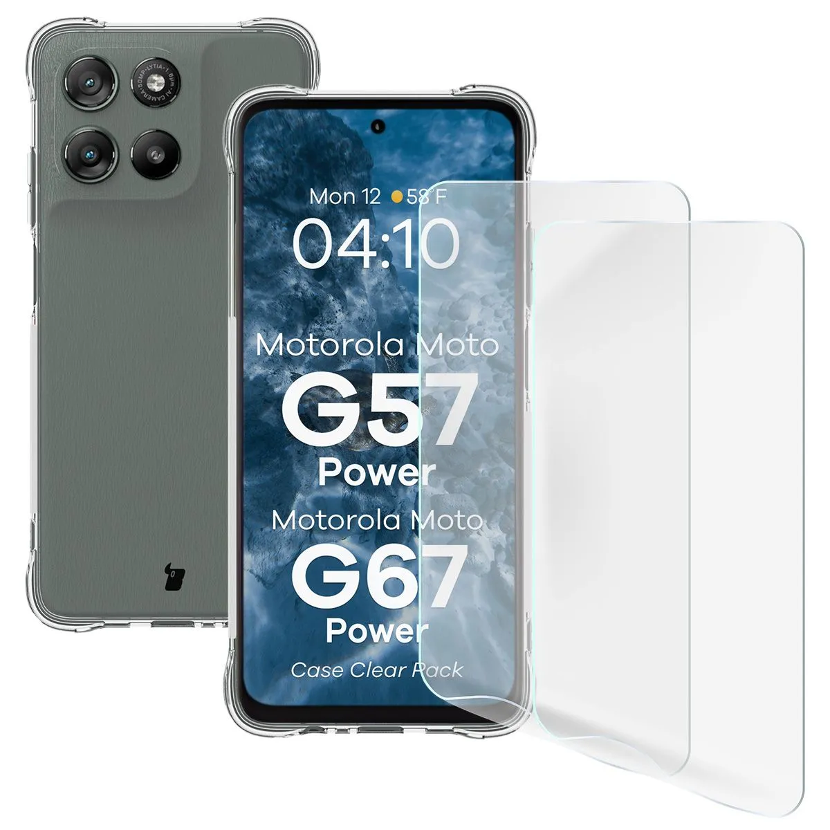 Folia hydrożelowa Bizon elastyczne etui Salpa + 2x folia na ekran Clear Pack do Motorola Moto G67 Power / G57 Power