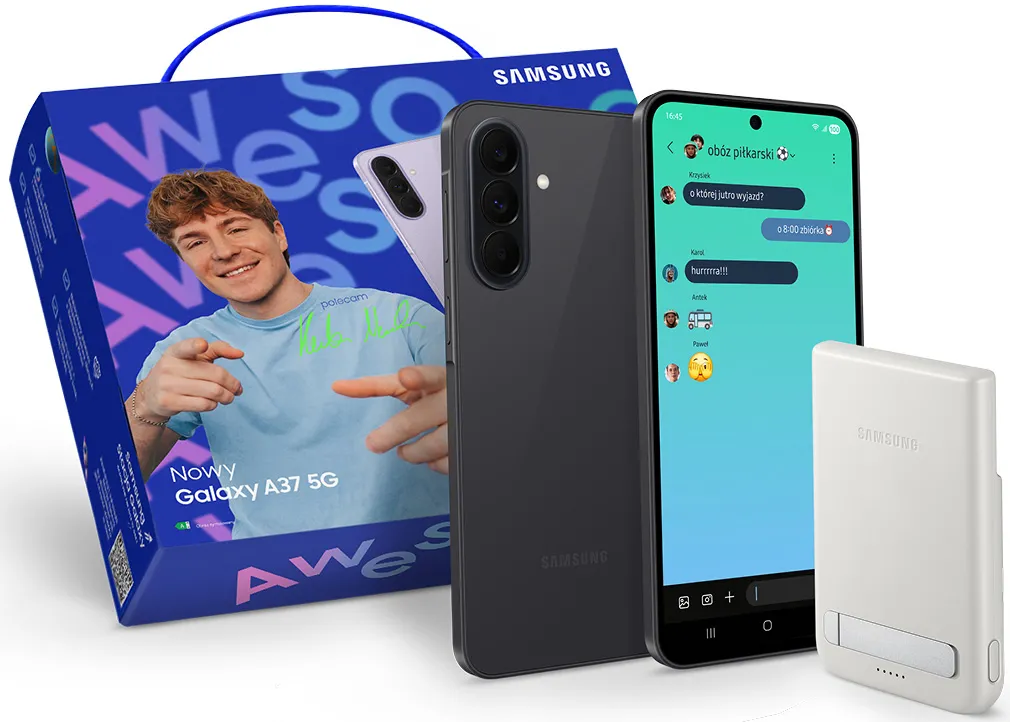 Zestaw smartfon Samsung Galaxy A37 5G 8/256GB 6,7" 120Hz 50Mpix Szary + Powerbank Samsung Qi2 Magnet 5000mAh + Opakowanie prezentowe