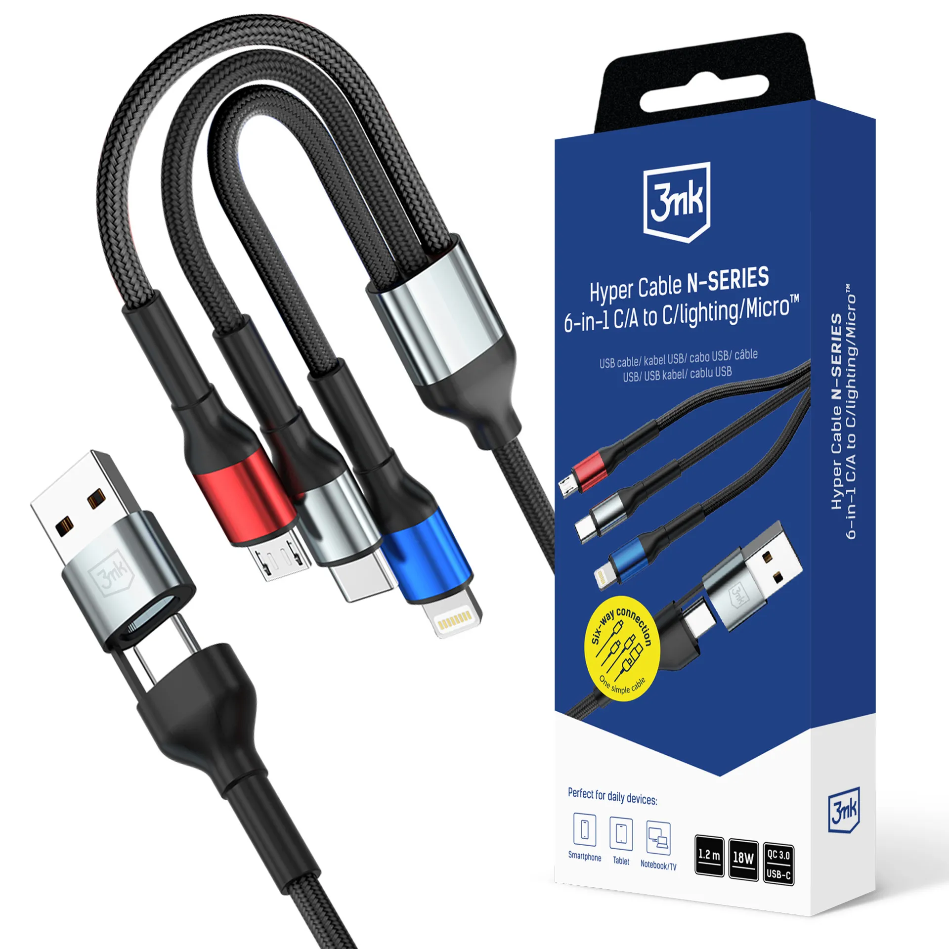 Kabel 3mk Hyper Cable N-SERIES 6w1 QC3.0 9V/2A USB-C/A do USB-C/Lightning/MicroUSB 1.2m 18W Czarny