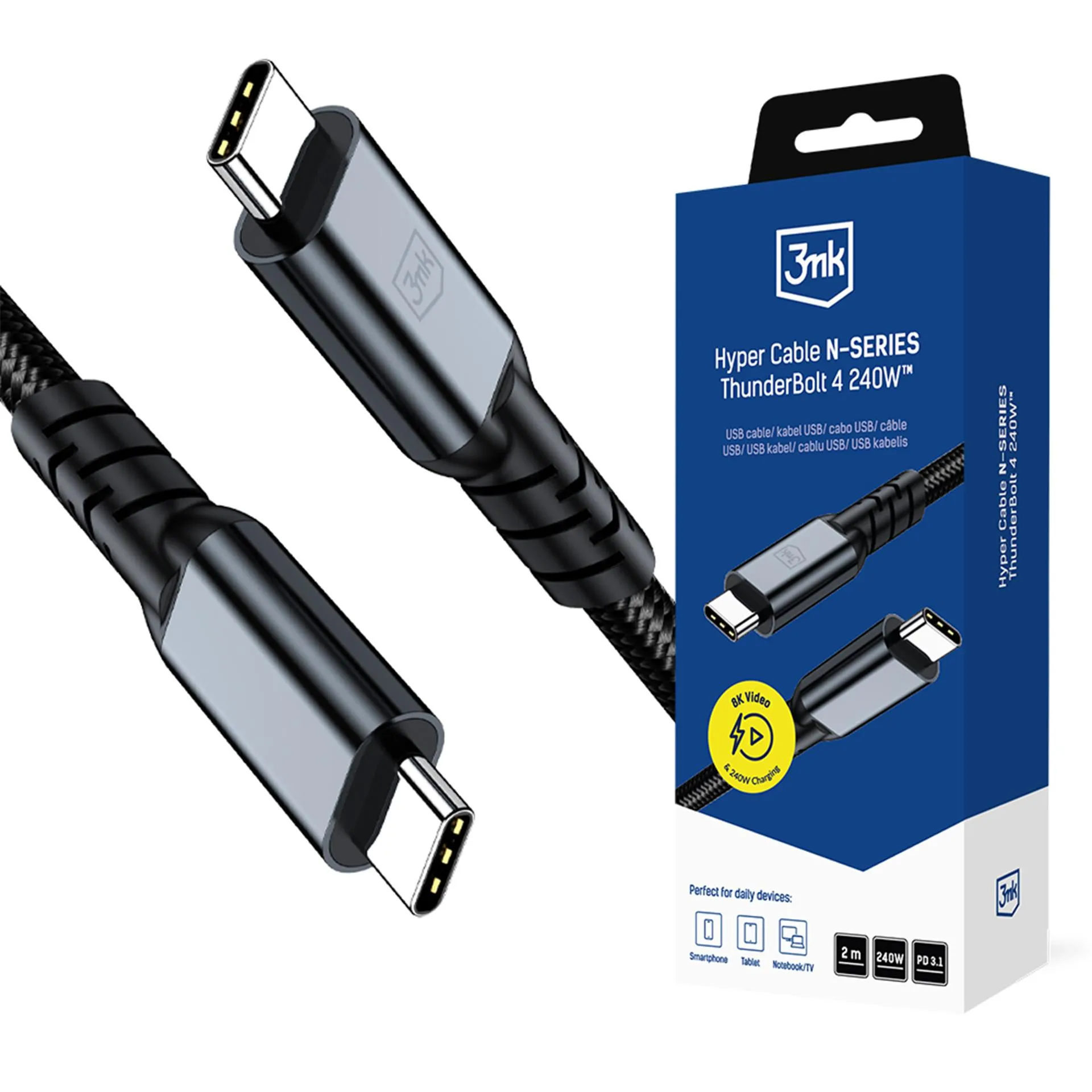 Kabel 3mk Hyper Cable N-SERIES Thunderbolt 4 8K/60Hz 48V/5A 40Gb/s USB-C do USB-C 2m 240W Czarny