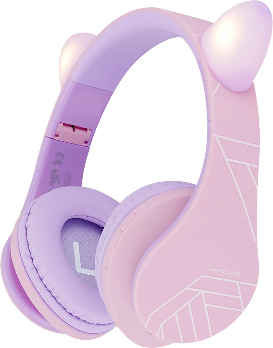 Słuchawki bezprzewodowe PowerLocus P2 Kids Kocie Uszy Nauszne Dla Dzieci Bluetooth 5.3 Fioletowo-różowy