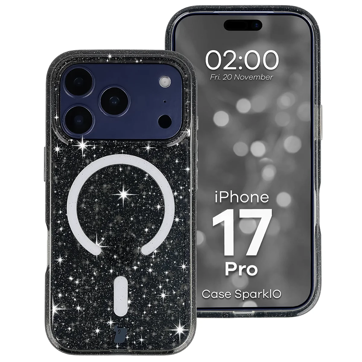 Etui Bizon Case SparklO do iPhone 17 Pro / 18 Pro Przezroczysto-Czarne z Brokatem