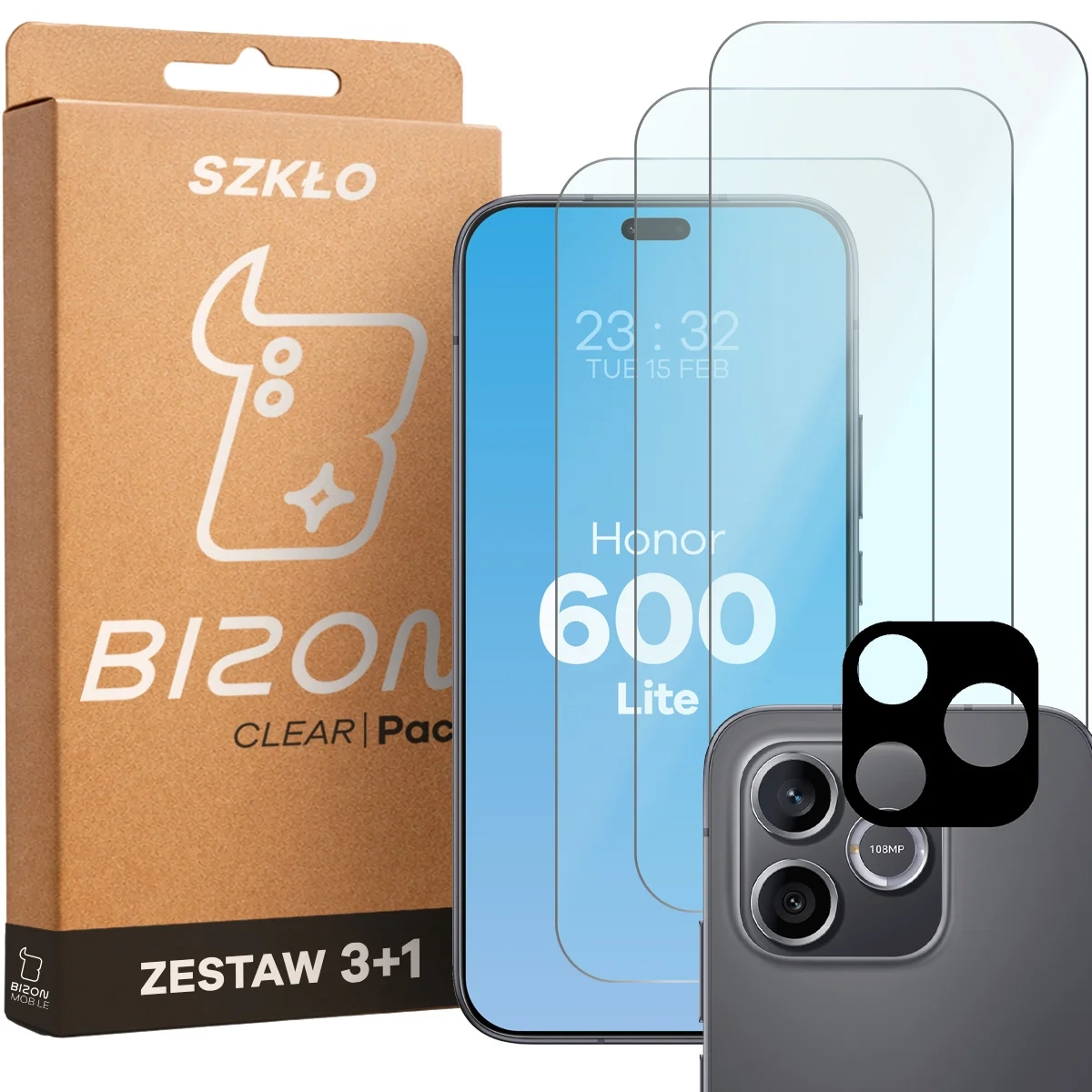 Zestaw ochronny Bizon 3x Szkło + szybka na aparat Glass Clear Pack do Honor 600 Lite 5G