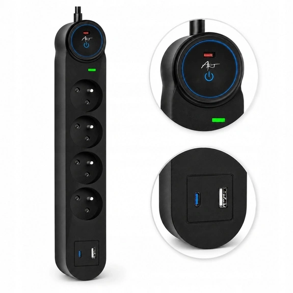 Listwa ART FU915 USB-A USB-C 4 gniazda 3m Czarny