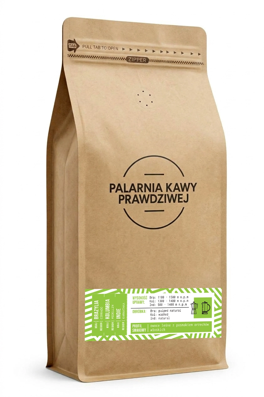 Kawa ziarnista Palarnia Kawy Prawdziwej Brazylia Cerrado & Kolumbia Medellin & Indie Karnataka 1kg