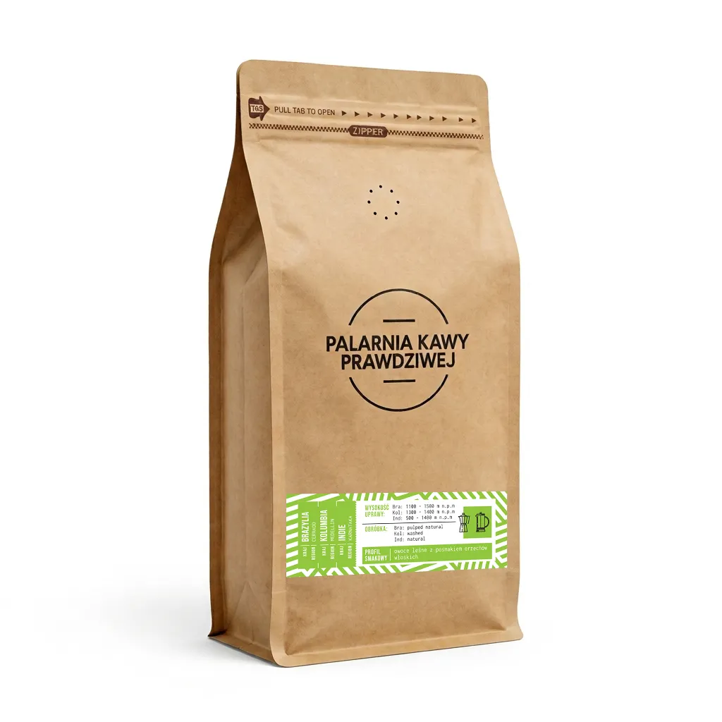 Kawa ziarnista Palarnia Kawy Prawdziwej Brazylia Cerrado & Kolumbia Medellin & Indie Karnataka 500g