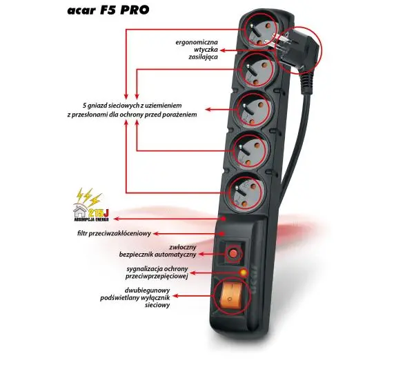Acar F5 PRO 5 gniazd 3m Czarny