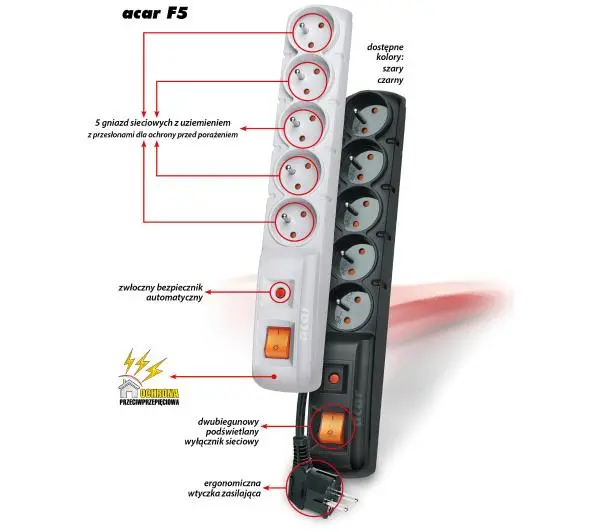 Acar F5 5 gniazd 5m Czarny