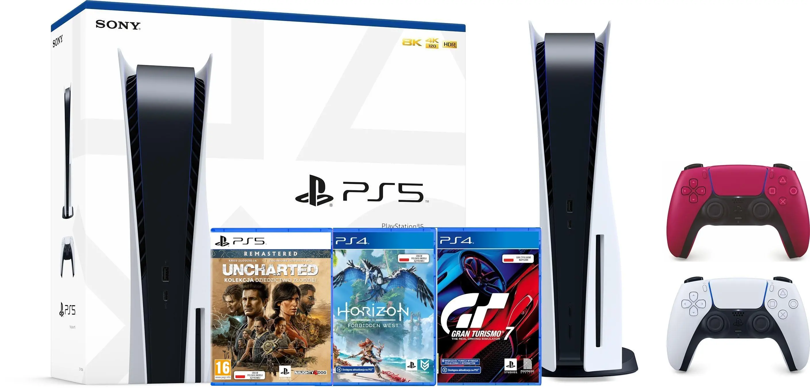 Konsola Sony PlayStation 5 (PS5) z napędem+Dodatkowy Pad czerwony+ Gran Turismo 7 + Horizon Forbidden West + Uncharted: Kolekcja