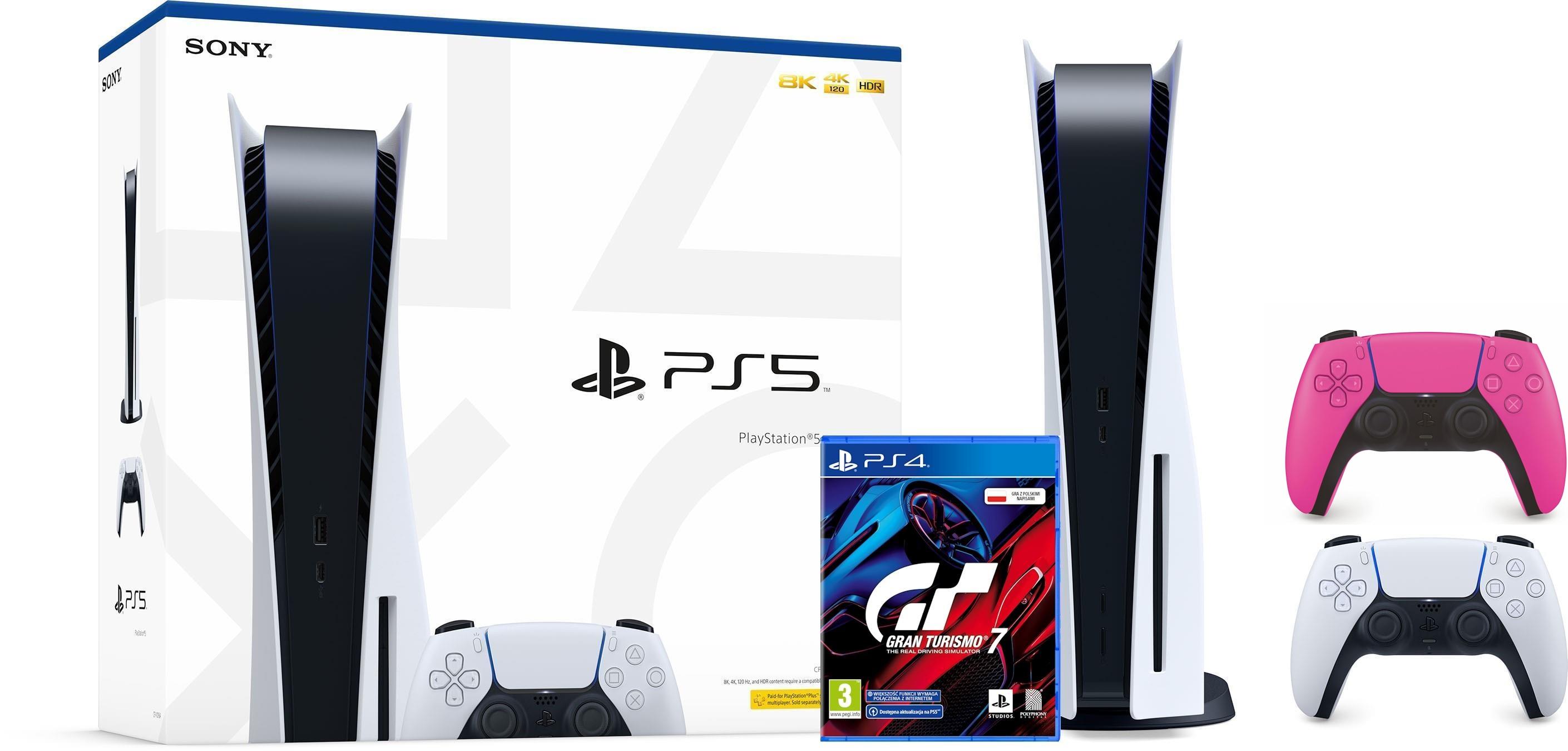 Konsola Sony PlayStation 5 (PS5) z napędem - Gran Turismo 7 - dodatkowy pad (różowy)
