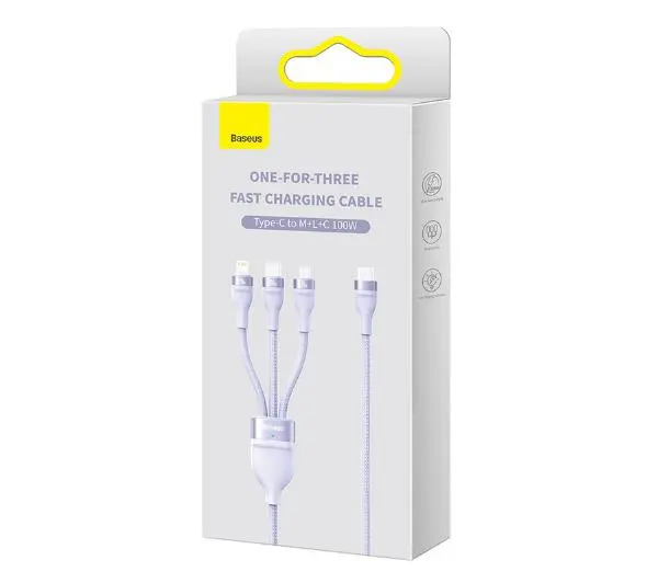 Baseus Flash Series 2 3w1 USB-C + micro USB + Lightning 100W 1,5m Fioletowy