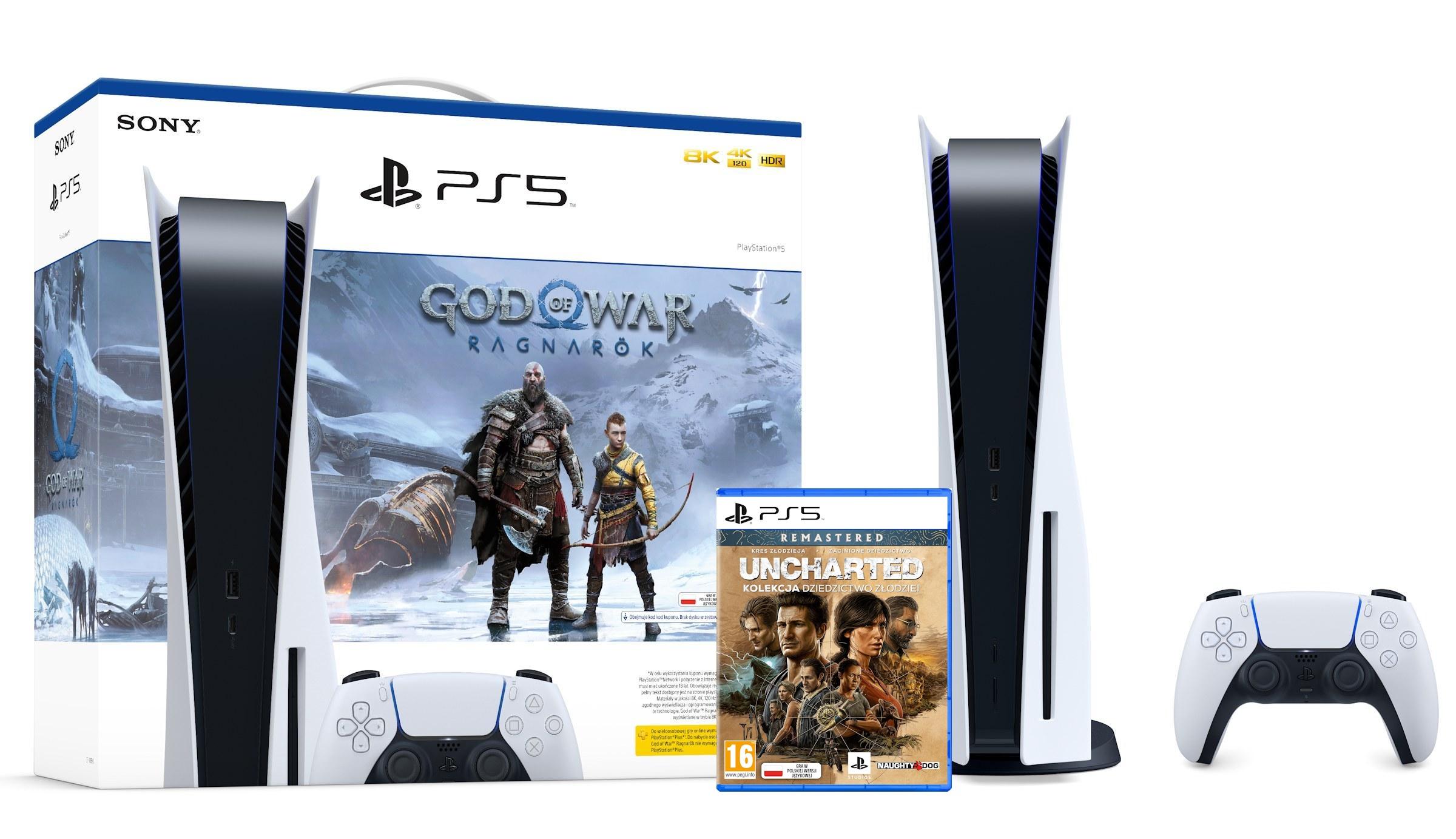 Konsola Sony PlayStation 5 (PS5) z napędem + God of War Ragnarok + Uncharted: Kolekcja Dziedzictwo Złodziei