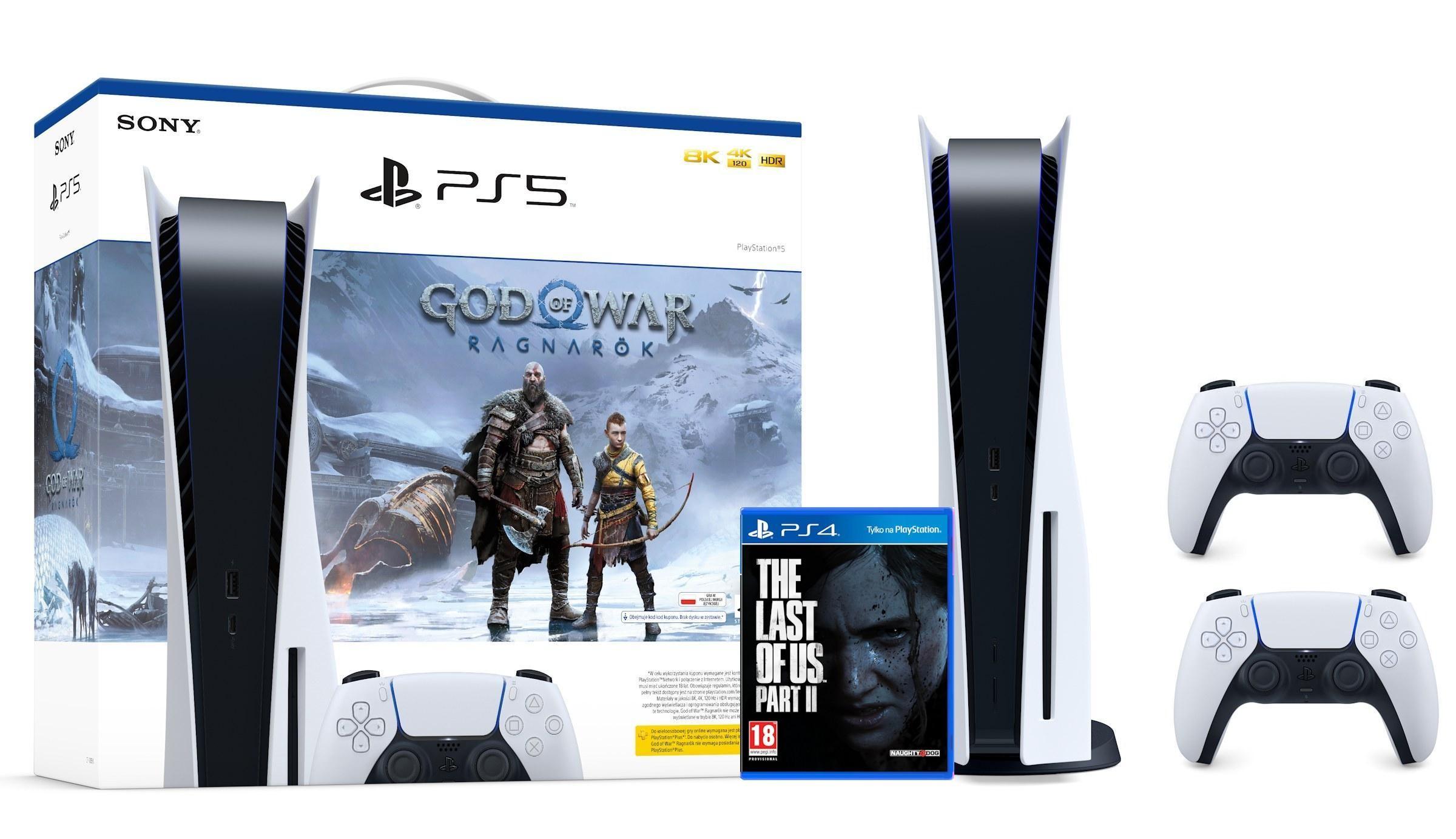Konsola Sony PlayStation 5 (PS5) z napędem + dodatkowy pad (biały) + God of War Ragnarok + The Last of Us Part II