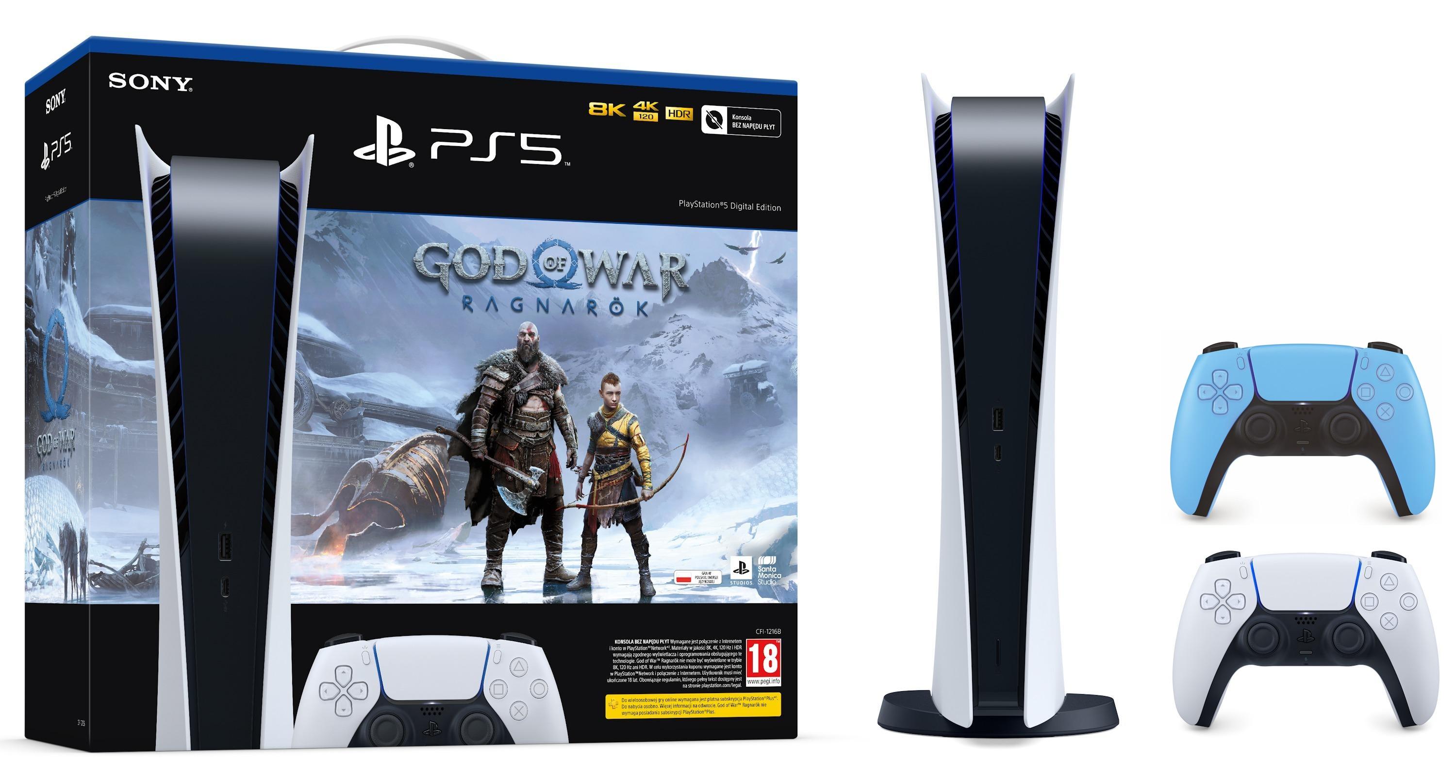 Konsola Sony PlayStation 5 Digital Edition (PS5) + dodatkowy pad (niebieski) + God of War Ragnarok