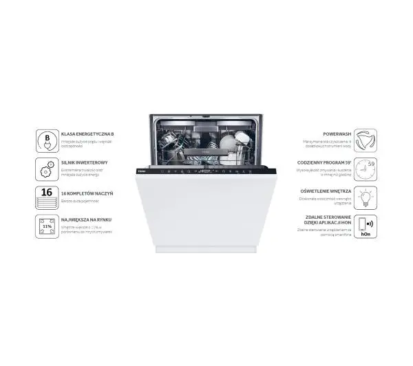 Haier Washlens Plus XI 6B0S3FSB 59,7cm Funkcje AI Automatyczne otwieranie drzwi Szuflada na sztućce Zdalne sterowanie - Kup na Raty - RRSO 0%