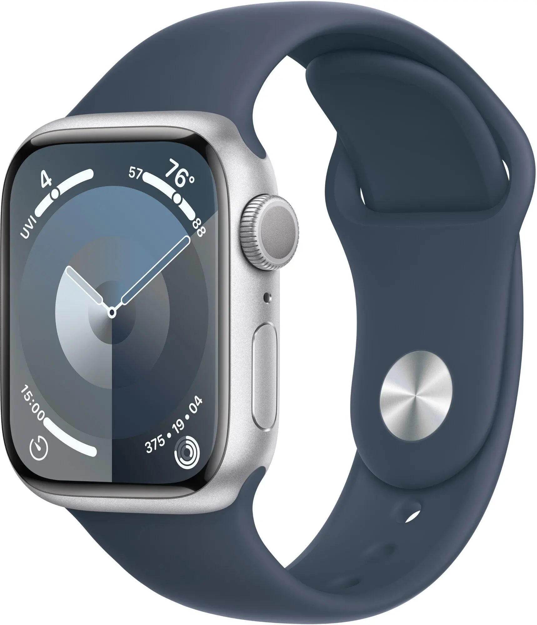 Apple Watch Series 9 GPS koperta 41mm z aluminium Srebrny pasek sportowy Sztormowy błękit S/M