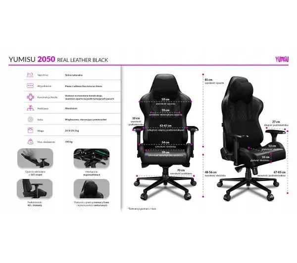 Yumisu 2050 Magnetic Skóra Biurowy do 150kg Skóra naturalna Czarny - Kup na Raty - RRSO 0%
