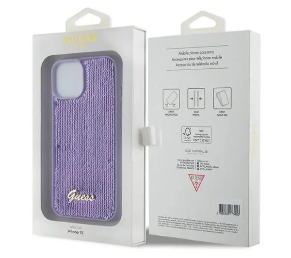 Guess Sequin Script Metal GUHCP15SPSFDGSU do iPhone 15 Purpurowy