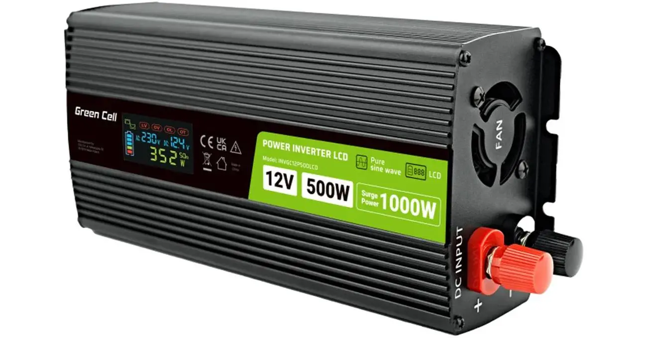 Przetwornica Green Cell INVGC12P500LCD 12V na 230V 500W/1000W Czysta sinusoida