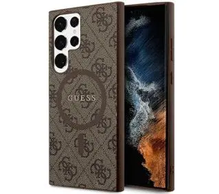 Guess 4G Collection Leather Metal Logo MagSafe do Samsung Galaxy S24 Ultra Brązowy