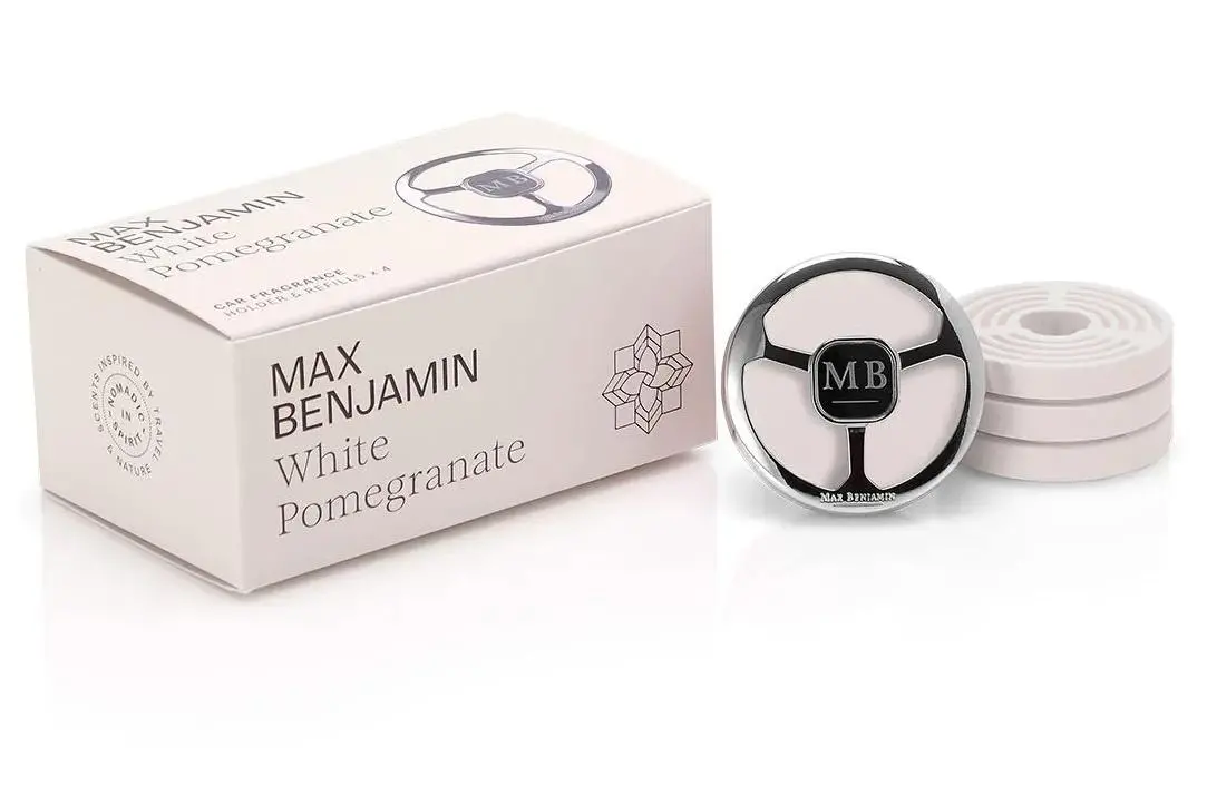 Odświeżacz samochodowy Max Benjamin Uchwyt i 4 wkłady RB-CFGB03 White Pomegranete Zapach granatu, różu, lilii i gardenii