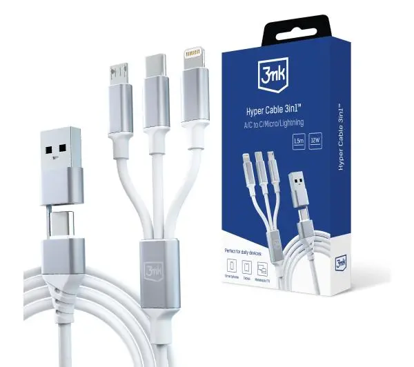 3mk Hyper 3in1 A/C do C/Micro/Lightning 1,5m Biały