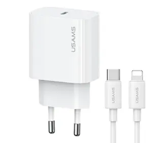 USAMS OYXLTZ02 1xUSB-C T65 PD20W PD Fast Charging + kabel USB-C/Lightning US-SJ712 30W Biały