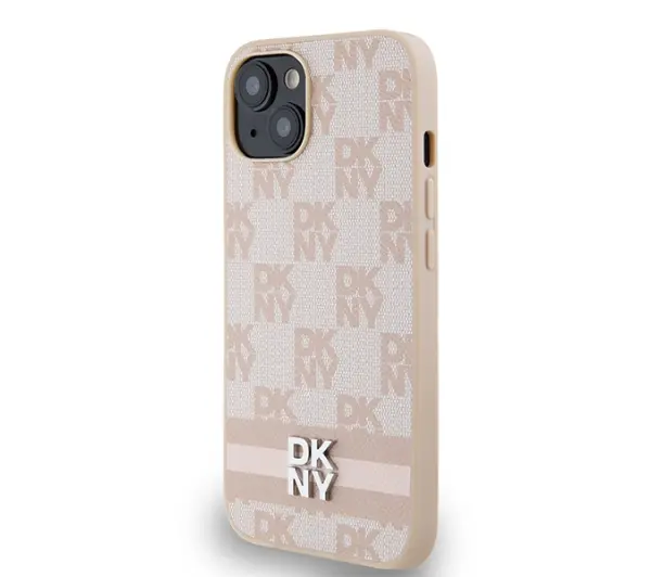 DKNY Leather Checkered Mono Pattern & Printed Stripes do iPhone 15 Plus Różowy