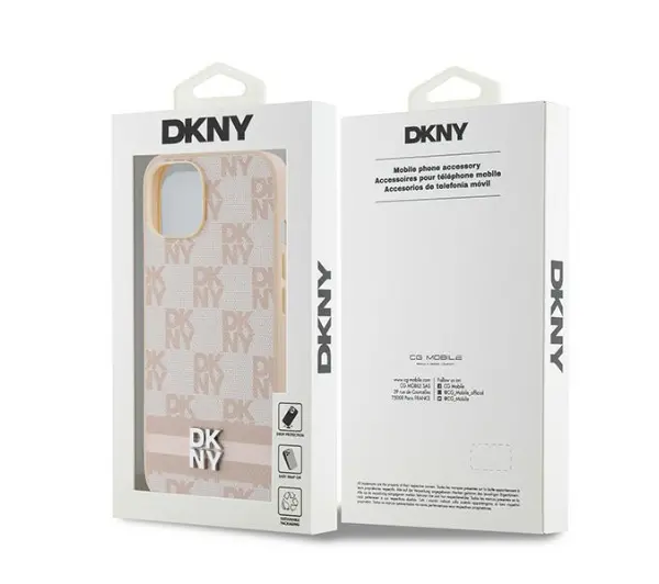 DKNY Leather Checkered Mono Pattern & Printed Stripes do iPhone 15 Plus Różowy